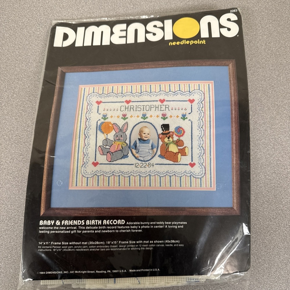 Vintage NOS 1984 Dimensions Needlepoint Kit Baby & Friends Birth Record 2263
